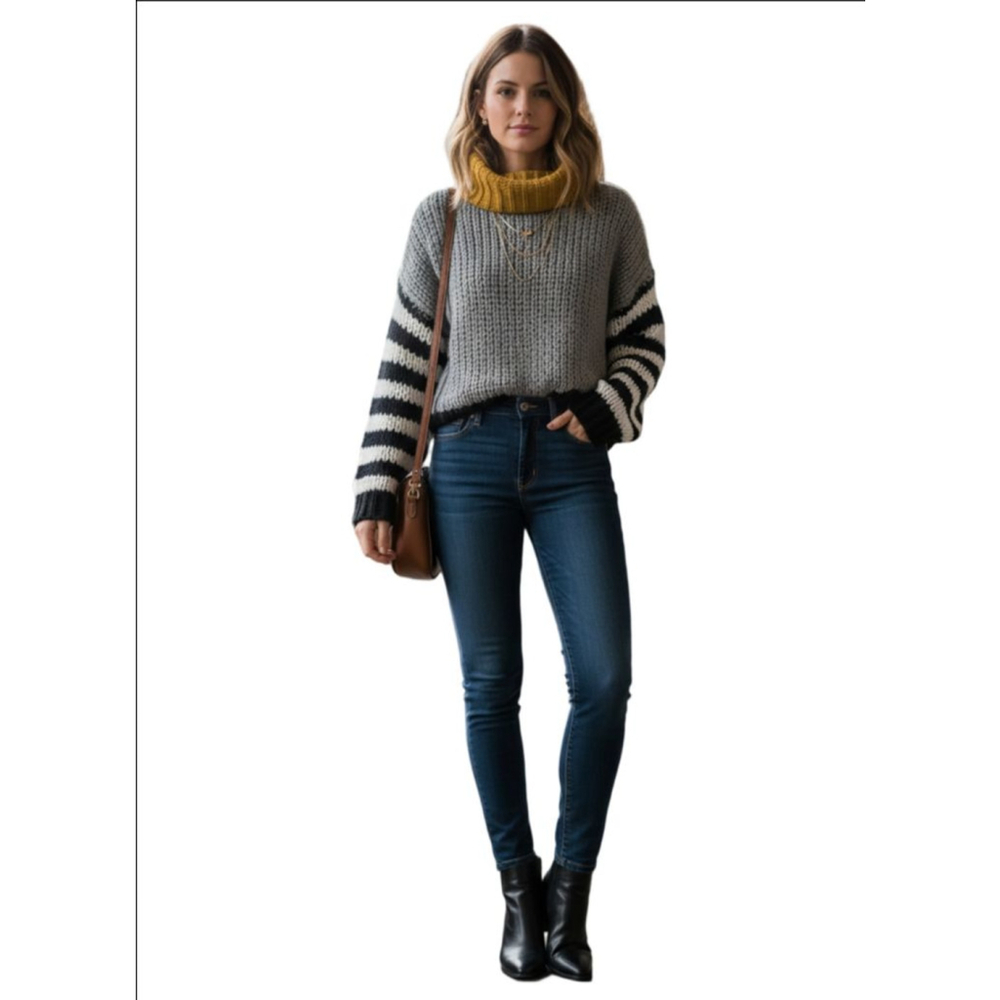 Women's FAVLUX Gray & Yellow Striped Cowl Neck Sweater M